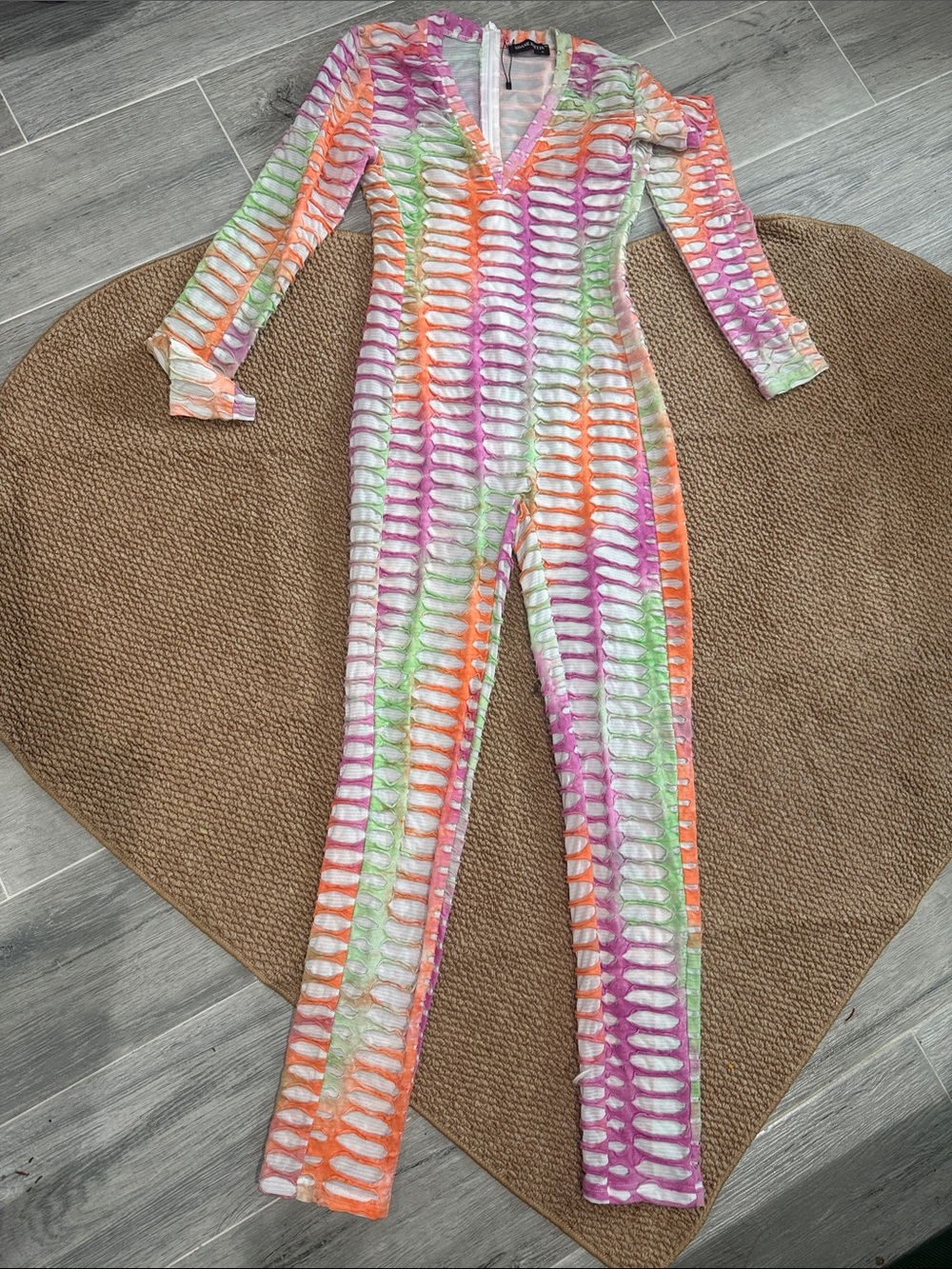 Cutout V-Neck Multicolor Jumpsuit - Pink, Orange & Green